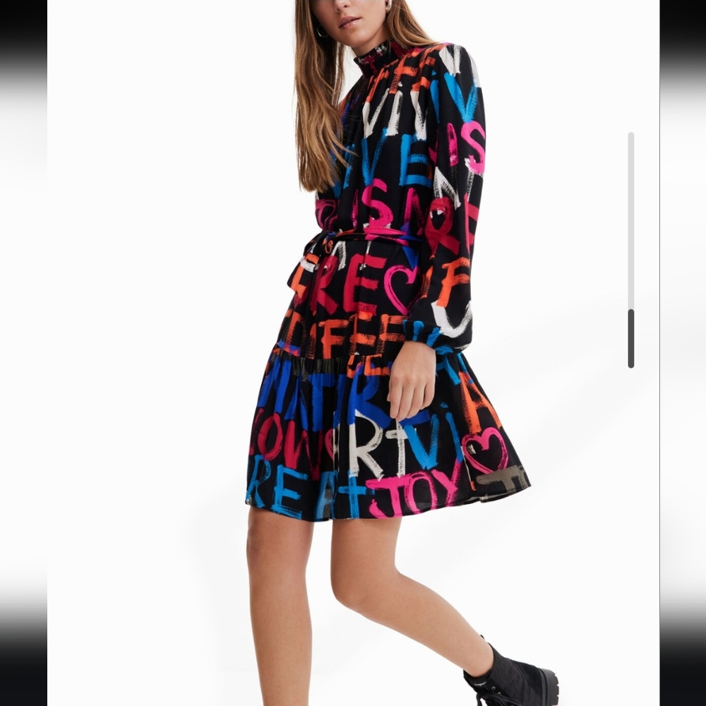 Desigual Colorful Writing All Over Print  Tie Wasit A-line Mini Dress Size M